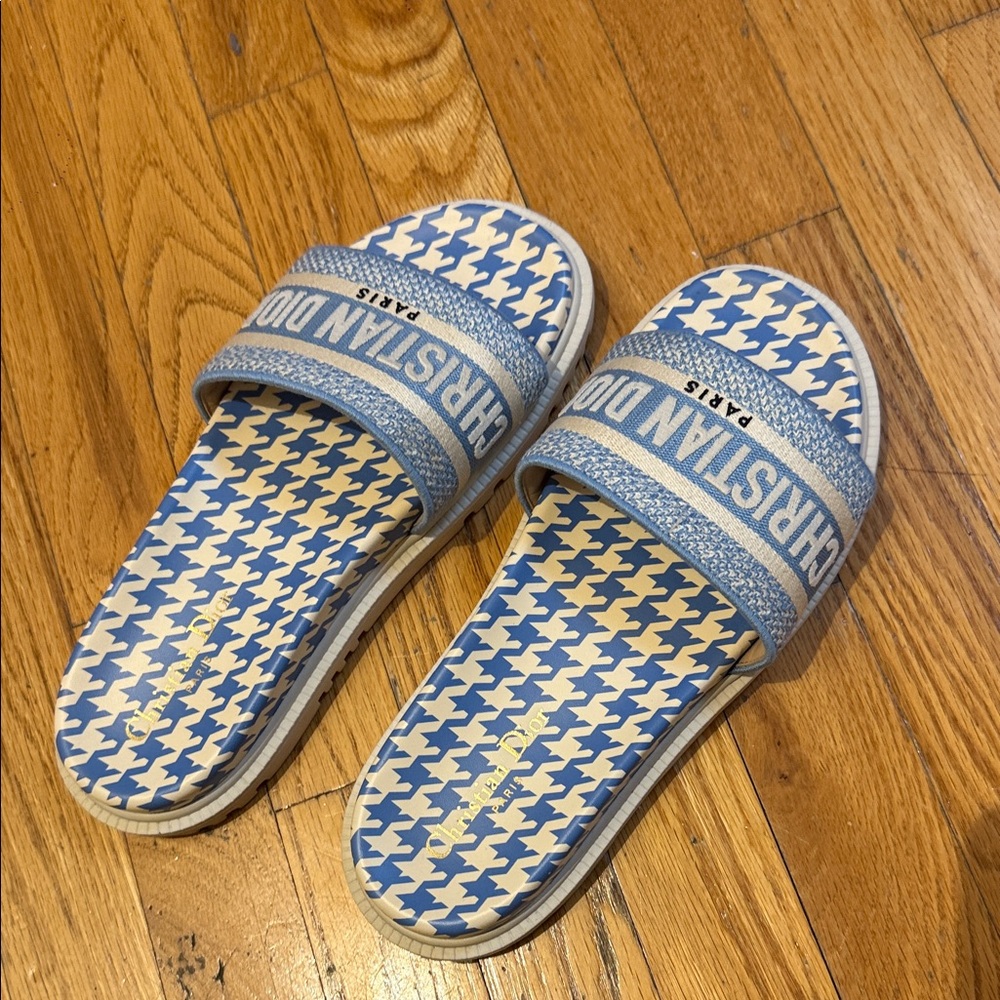 Christian Dior Women Blue Patterned Slide Sandals, worn once